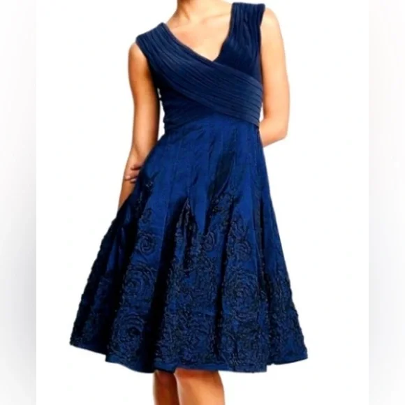 sachin and babi light blue dress Premier Amour Womens Midi Straight Neck Sleeveless Off the Shoulder Fit + Flare  Dress, Color: Navy main image 0